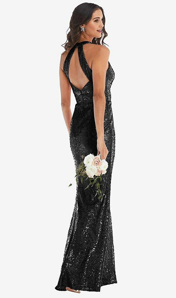 Back View - Black Halter Wrap Sequin Trumpet Gown with Front Slit