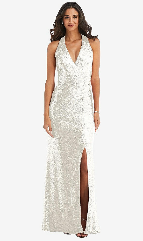 Front View - Ivory Halter Wrap Sequin Trumpet Gown with Front Slit