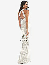 Rear View Thumbnail - Ivory Halter Wrap Sequin Trumpet Gown with Front Slit