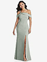 Alt View 1 Thumbnail - Willow Green One-Shoulder Draped Cuff Maxi Dress with Front Slit