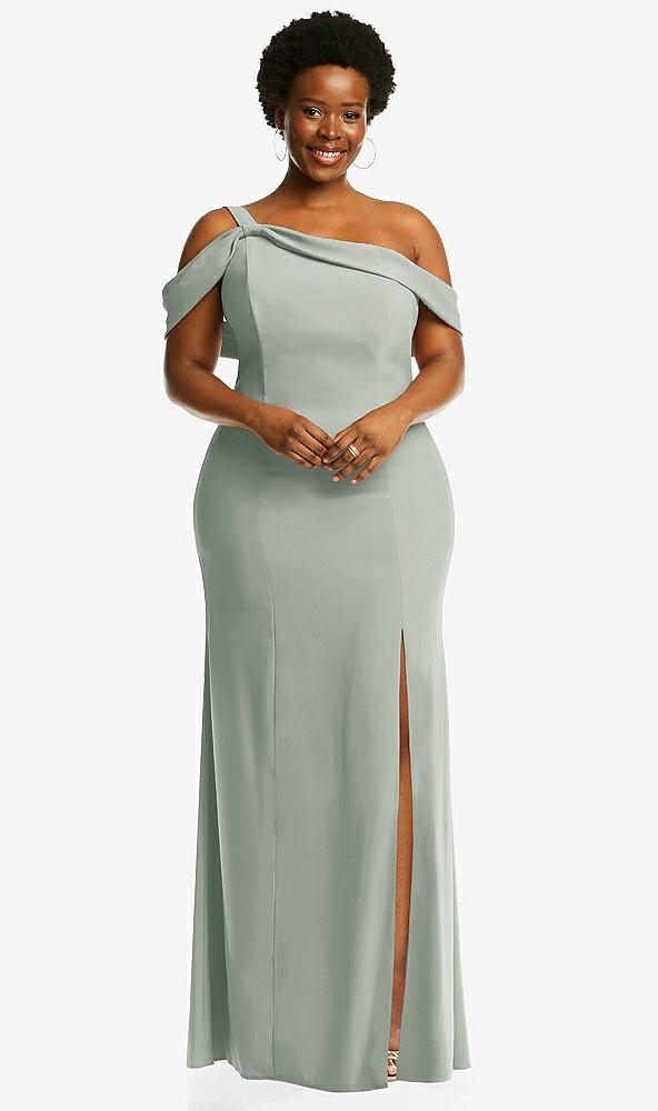 Front View - Willow Green One-Shoulder Draped Cuff Maxi Dress with Front Slit
