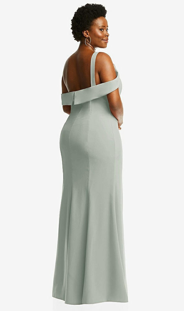 Back View - Willow Green One-Shoulder Draped Cuff Maxi Dress with Front Slit