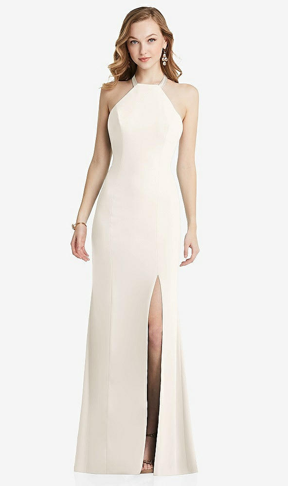 Back View - Ivory High-Neck Halter Dress with Twist Criss Cross Back 