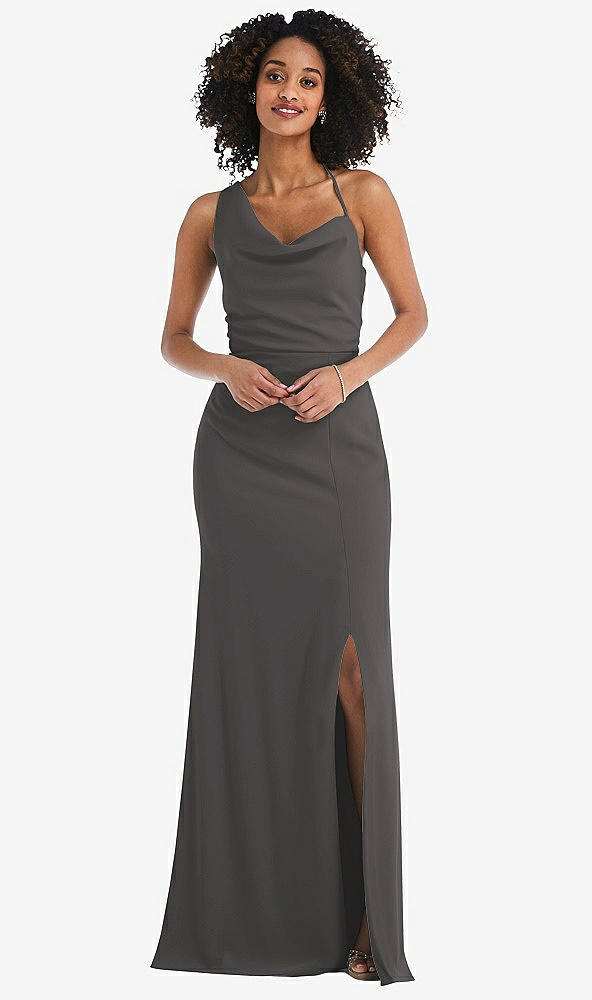 Front View - Caviar Gray One-Shoulder Draped Cowl-Neck Maxi Dress