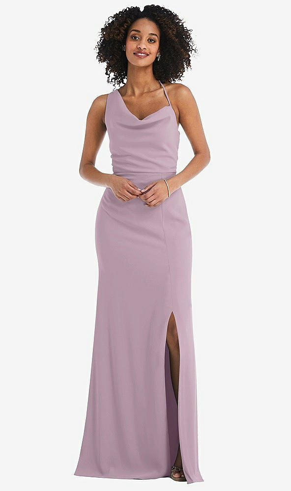 Front View - Suede Rose One-Shoulder Draped Cowl-Neck Maxi Dress