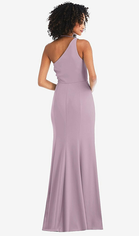 Back View - Suede Rose One-Shoulder Draped Cowl-Neck Maxi Dress
