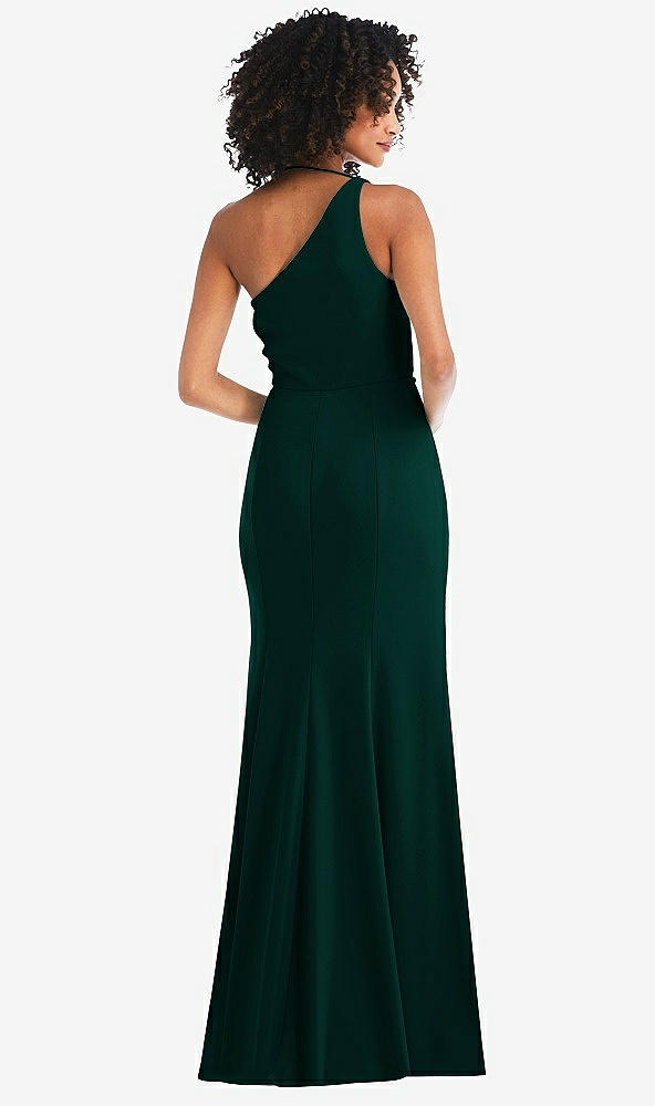 Back View - Evergreen One-Shoulder Draped Cowl-Neck Maxi Dress