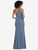 Rear View Thumbnail - Larkspur Blue One-Shoulder Draped Cowl-Neck Maxi Dress