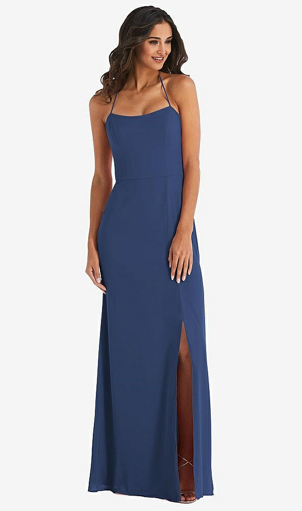 Front View - Sailor Spaghetti Strap Tie Halter Backless Trumpet Gown