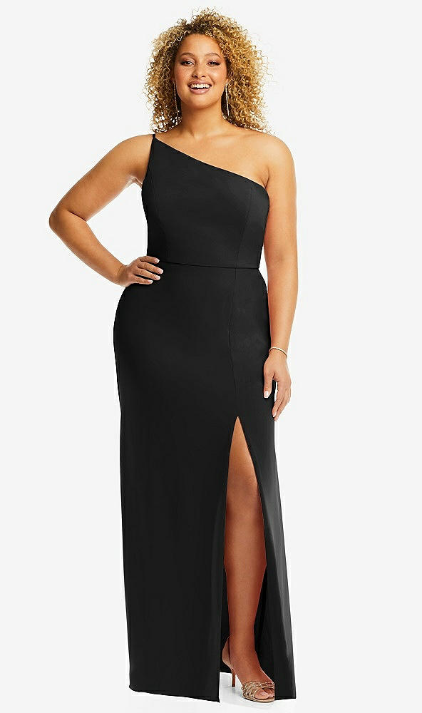 Front View - Black Skinny One-Shoulder Trumpet Gown with Front Slit