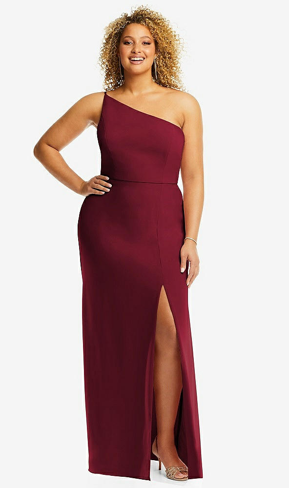 Front View - Burgundy Skinny One-Shoulder Trumpet Gown with Front Slit