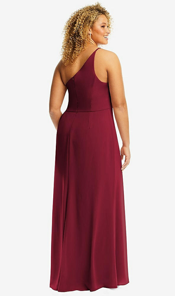 Back View - Burgundy Skinny One-Shoulder Trumpet Gown with Front Slit