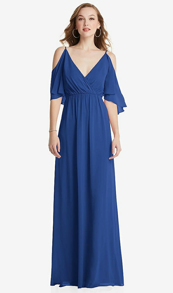 Front View - Classic Blue Convertible Cold-Shoulder Draped Wrap Maxi Dress