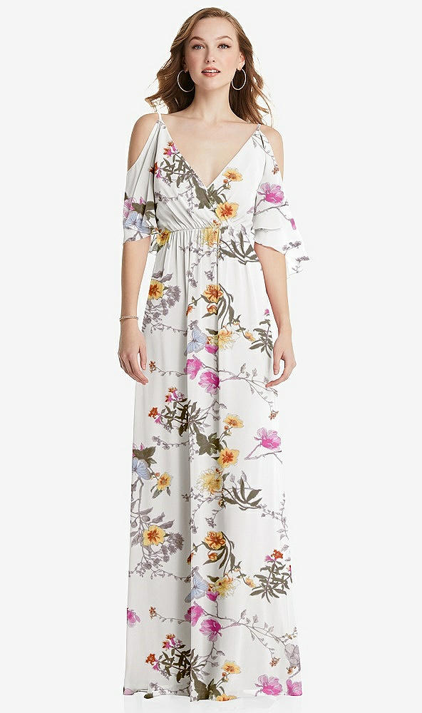 Front View - Butterfly Botanica Ivory Convertible Cold-Shoulder Draped Wrap Maxi Dress