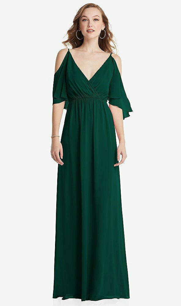 Front View - Hunter Green Convertible Cold-Shoulder Draped Wrap Maxi Dress