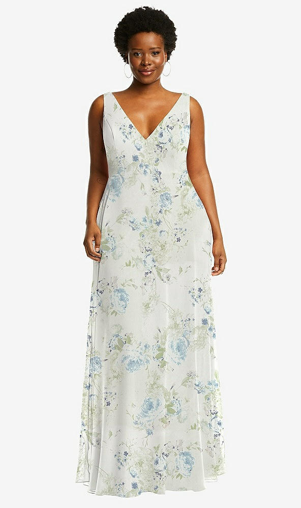 Front View - Bleu Garden Deep V-Neck Chiffon Maxi Dress