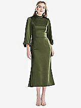 Front View Thumbnail - Olive Green High Collar Puff Sleeve Midi Dress - Bronwyn