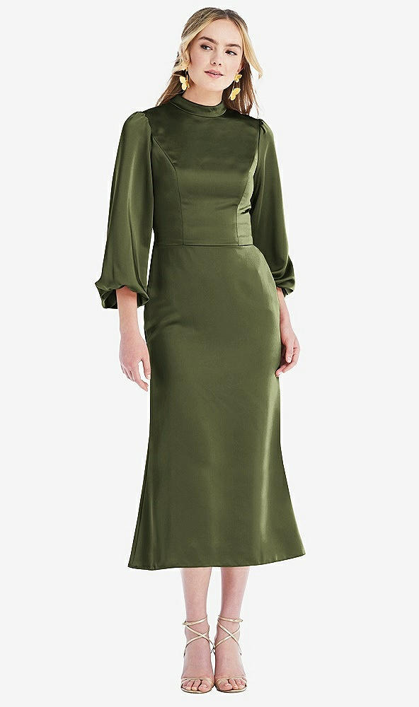 Front View - Olive Green High Collar Puff Sleeve Midi Dress - Bronwyn