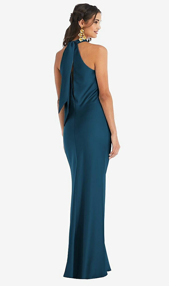Back View - Atlantic Blue Draped Twist Halter Tie-Back Trumpet Gown - Imogen
