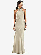 Front View Thumbnail - Champagne Draped Twist Halter Tie-Back Trumpet Gown - Imogen