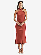 Front View Thumbnail - Amber Sunset Draped Twist Halter Tie-Back Midi Dress - Paloma