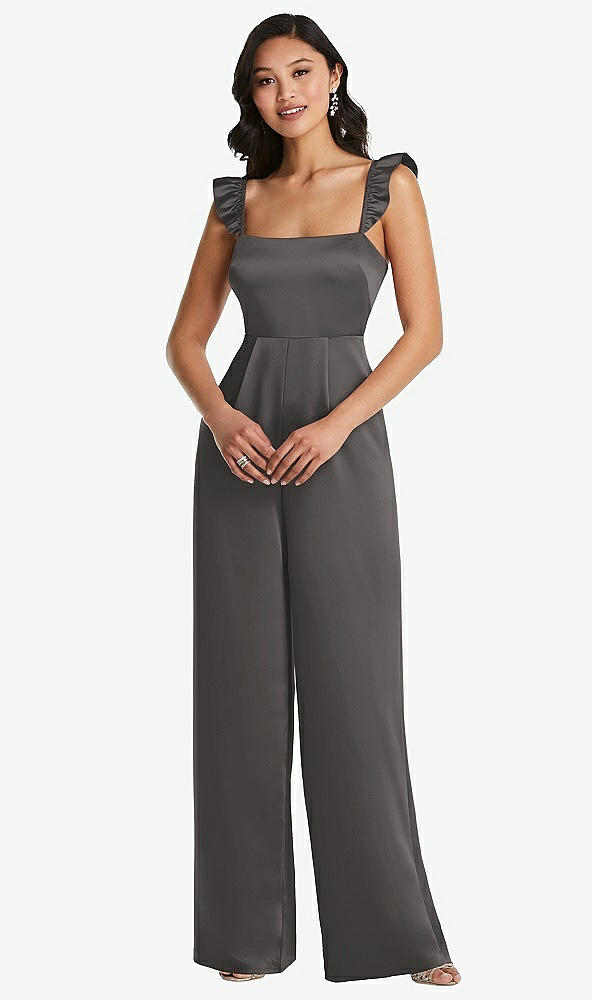Front View - Caviar Gray Ruffled Sleeve Tie-Back Jumpsuit with Pockets