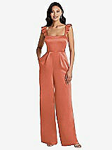 Alt View 1 Thumbnail - Terracotta Copper Ruffled Sleeve Tie-Back Jumpsuit with Pockets