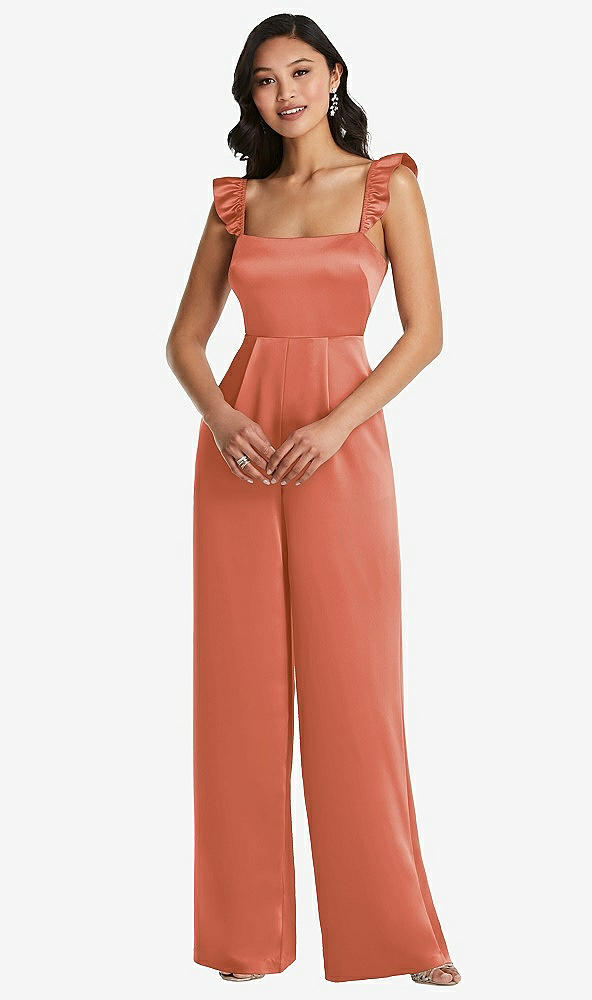 Front View - Terracotta Copper Ruffled Sleeve Tie-Back Jumpsuit with Pockets