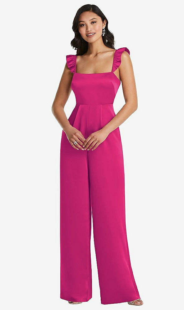 Front View - Think Pink Ruffled Sleeve Tie-Back Jumpsuit with Pockets