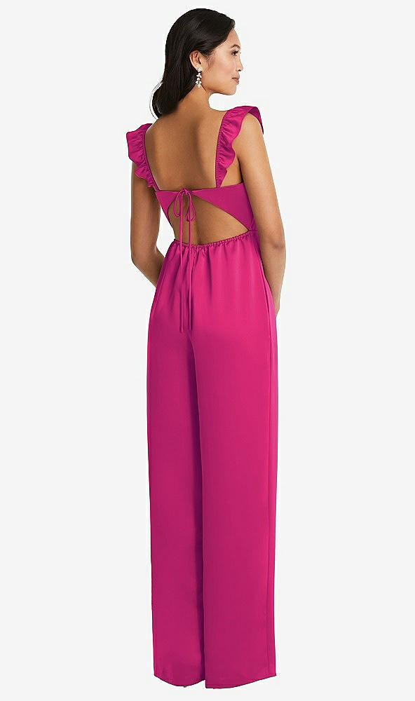 Back View - Think Pink Ruffled Sleeve Tie-Back Jumpsuit with Pockets