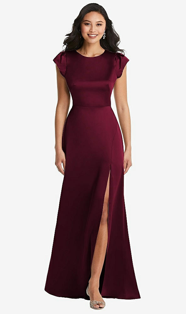 Front View - Cabernet Shirred Cap Sleeve Maxi Dress with Keyhole Cutout Back