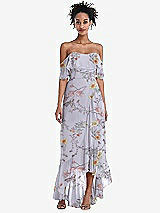Front View Thumbnail - Butterfly Botanica Silver Dove Off-the-Shoulder Ruffled High Low Maxi Dress