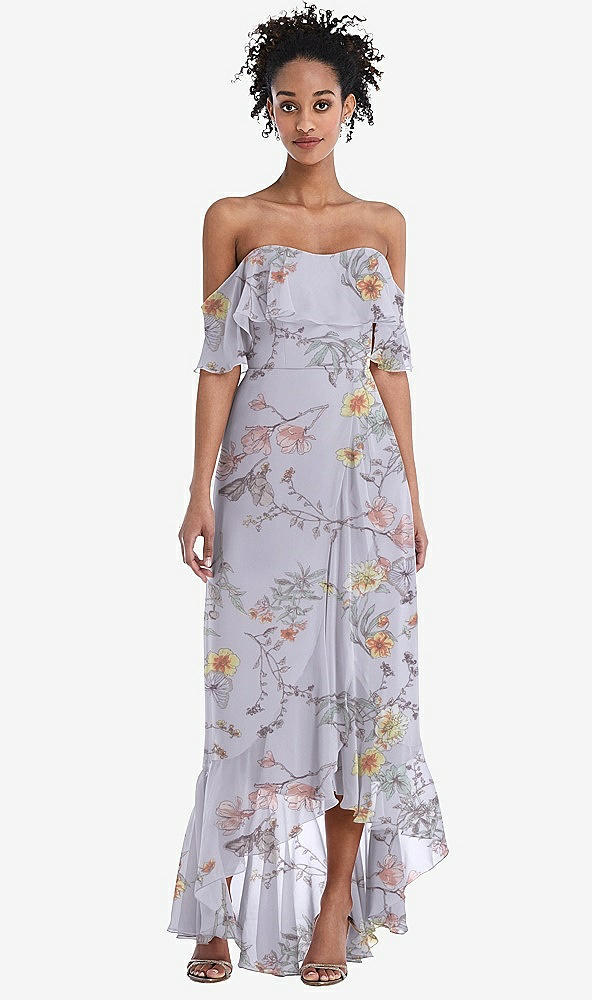 Front View - Butterfly Botanica Silver Dove Off-the-Shoulder Ruffled High Low Maxi Dress