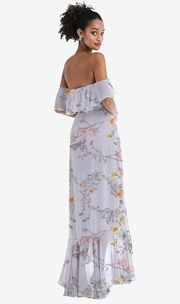 Back View - Butterfly Botanica Silver Dove Off-the-Shoulder Ruffled High Low Maxi Dress
