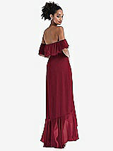 Rear View Thumbnail - Burgundy Off-the-Shoulder Ruffled High Low Maxi Dress
