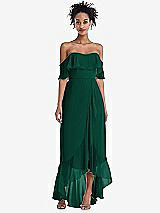Front View Thumbnail - Hunter Green Off-the-Shoulder Ruffled High Low Maxi Dress