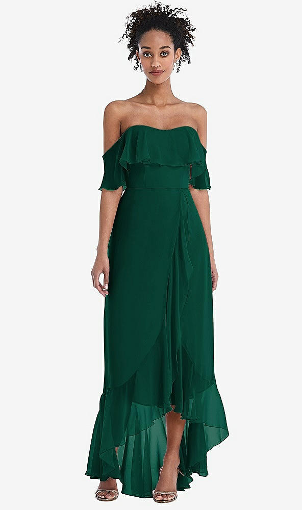 Front View - Hunter Green Off-the-Shoulder Ruffled High Low Maxi Dress
