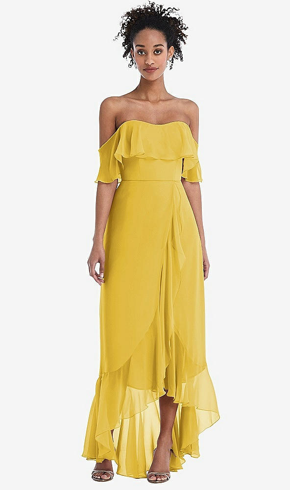 Front View - Marigold Off-the-Shoulder Ruffled High Low Maxi Dress