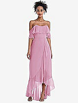 Front View Thumbnail - Powder Pink Off-the-Shoulder Ruffled High Low Maxi Dress
