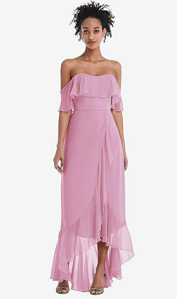 Front View - Powder Pink Off-the-Shoulder Ruffled High Low Maxi Dress