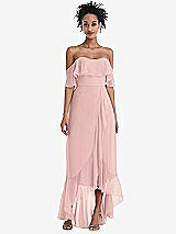 Front View Thumbnail - Rose - PANTONE Rose Quartz Off-the-Shoulder Ruffled High Low Maxi Dress
