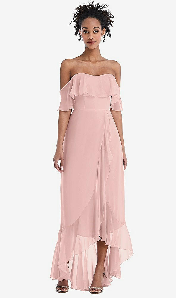 Front View - Rose - PANTONE Rose Quartz Off-the-Shoulder Ruffled High Low Maxi Dress