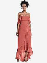 Front View Thumbnail - Coral Pink Off-the-Shoulder Ruffled High Low Maxi Dress