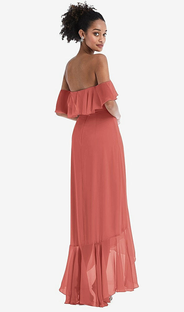 Back View - Coral Pink Off-the-Shoulder Ruffled High Low Maxi Dress