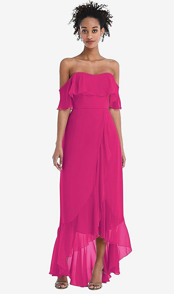 Front View - Think Pink Off-the-Shoulder Ruffled High Low Maxi Dress