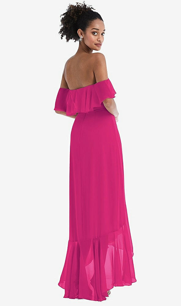 Back View - Think Pink Off-the-Shoulder Ruffled High Low Maxi Dress