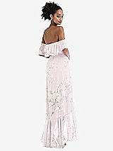Rear View Thumbnail - Watercolor Print Off-the-Shoulder Ruffled High Low Maxi Dress