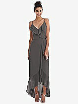 Front View Thumbnail - Caviar Gray Ruffle-Trimmed V-Neck High Low Wrap Dress