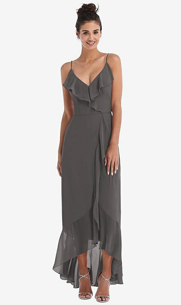Front View - Caviar Gray Ruffle-Trimmed V-Neck High Low Wrap Dress