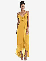Front View Thumbnail - NYC Yellow Ruffle-Trimmed V-Neck High Low Wrap Dress